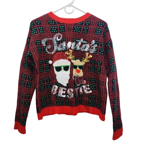 Women's Ugly Christmas Holiday Sweater Santa's Bestie Santa & Rudolph Size M - Picture 4 of 15